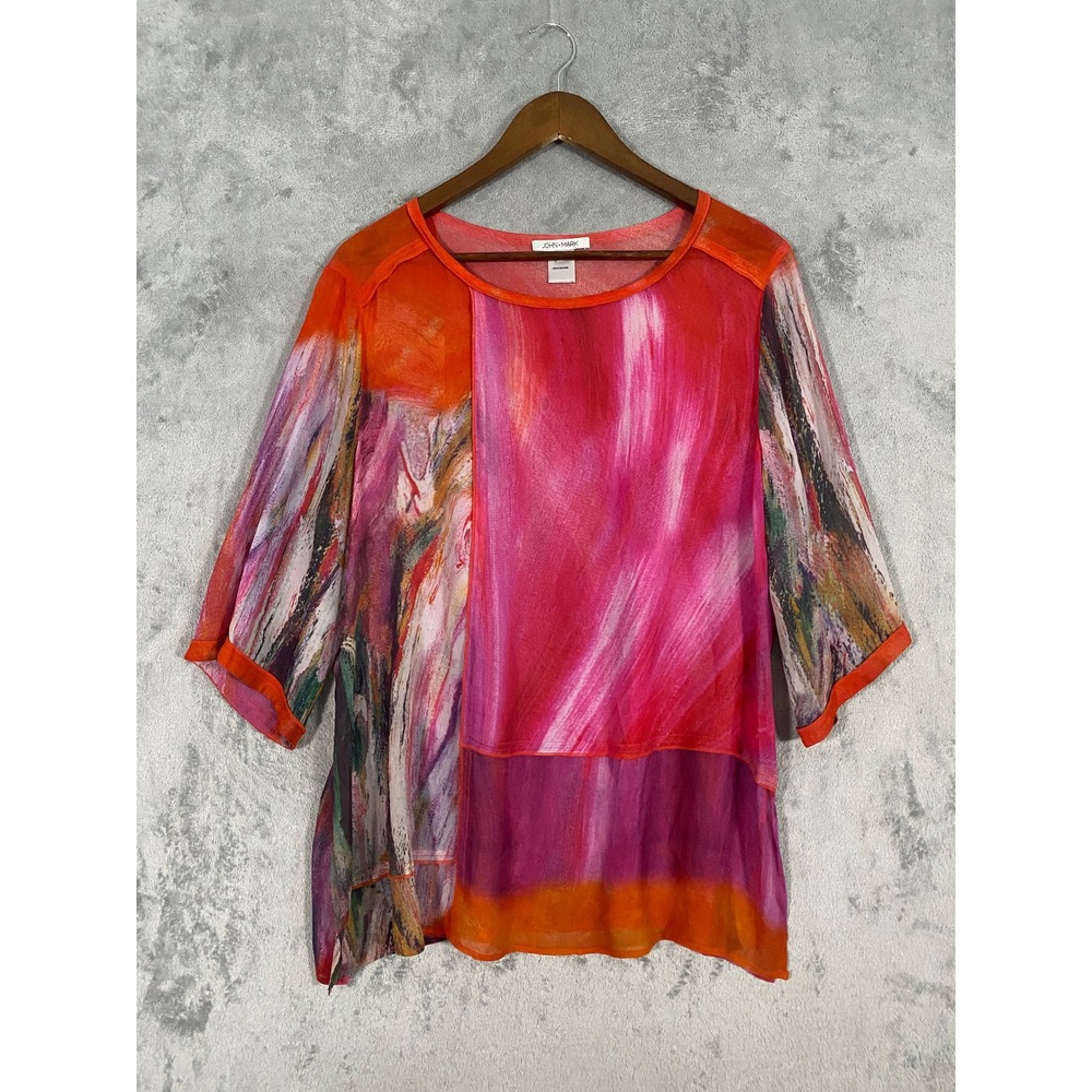John Mark Tunic Top Sz L Orange Pink Sheer Abstract Brushstroke Artsy Lagenlook